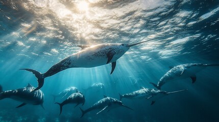 Naklejka premium Narwhal pod swimming in sunlit ocean.