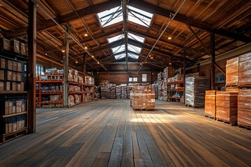 Spacious warehouse interior with wooden floors, brick walls, skylights, and stacked boxes.