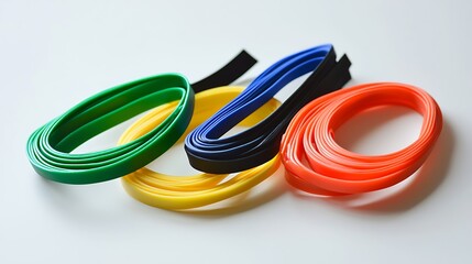 A row of colorful rubber bands are displayed on a white background