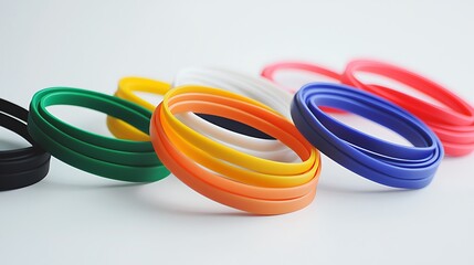 Fototapeta premium A row of colorful plastic bracelets are lined up on a white background