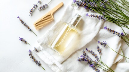A spray bottle of hair mist on a linen cloth, surrounded by fresh lavender buds and a wooden comb, in a minimalist style with a clean background, promoting aromatic and nourishing haircare solutions ,