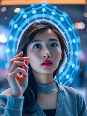 Young Asian woman with wonder, curiosity, looking at holographic digital display, futuristic technology, innovation,