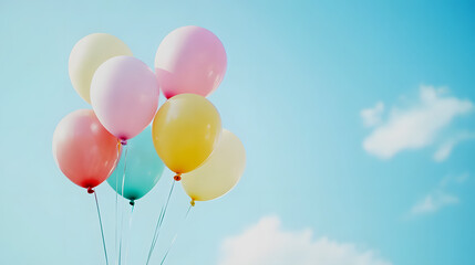 A joyful and playful Children's Day scene with colorful balloons and toys against a sky blue background, macro shot,