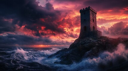 Fototapeta premium Dramatic sunset over stormy sea with ancient stone tower on cliff.