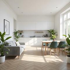 Fototapeta premium interior design home, Bright Minimalist Apartment | Gray Sofa & Green Chairs