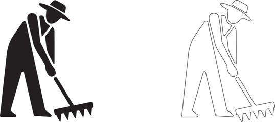 Man working with a rake. Vector icon of harvesting. Farmer in a hat.