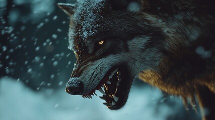 Angry wolf snarling in snowy forest.
