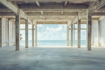 Fototapeta premium Empty concrete structure overlooking ocean.