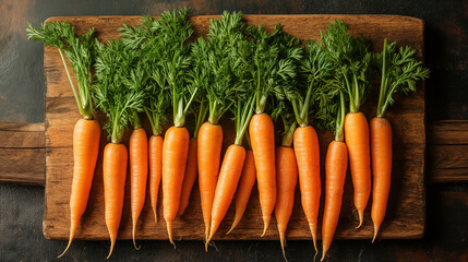 Bunch of fresh carrots with green leaves on wooden board, top view