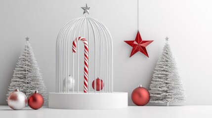 Minimalist Christmas scene with candy cane in birdcage, ornaments, and fir trees on white platform.