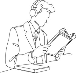 Reader with headphones one line art vector