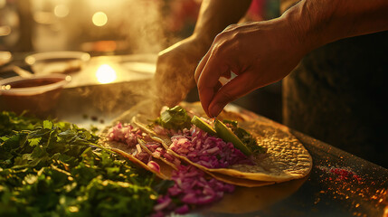 Fototapeta premium Tacos being served with fresh cilantro, pickled onions, and hot sauce, vendor adding a squeeze of lime, golden hour sunlight, street market scene