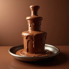 Chocolate fountain flowing decadently in brown colors representing sweet indulgence against a solid brown background