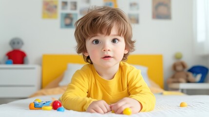 Naklejka premium Cute toddler lying on a bed, exploring toys