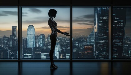 Fototapeta premium Futuristic AI Agent Silhouette Overlooking Cityscape at Sunset - Tech Vision
