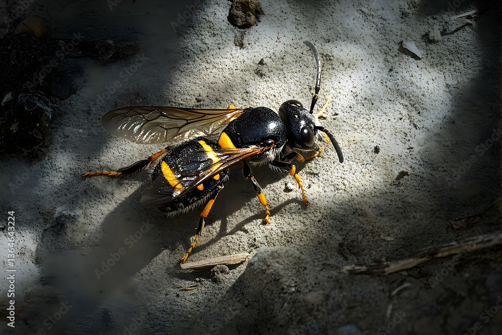 Poster close-up of a striking wasp with yellow markings resting on a surface