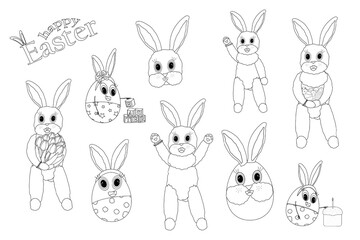 Adorable Easter bunny and eggs characters Black and White set with cute festive designs, tulips, easter cake, Easter eggs. Perfect for coloring page, kids, crafts, and festive holiday activities.