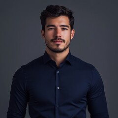 Fototapeta premium A portrait of a young man in a dark blue shirt against a neutral background, exuding confidence and professionalism.