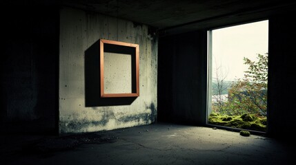 Empty Frame in Abandoned Building  Concrete Wall  Nature View