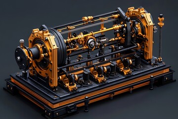 Fototapeta premium It is a complex mechanism, composed of wheels, gears, pulleys, and screws. It is decorated with gold and black accents