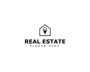 Real estate business logo, house logo with pin icon, vector illustration logo design, building, construction, roof, estate, contractor, apartment, realtor, property, commercial, residential, corporate