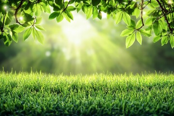Sunlight filtering through fresh green leaves over a vibrant grass meadow in a serene natural setting