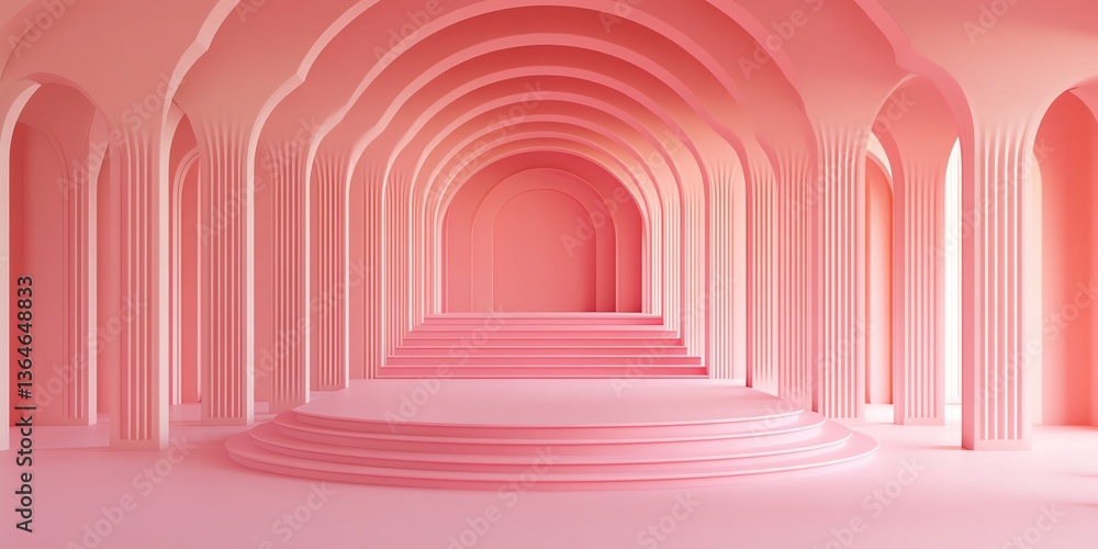 Poster pink architectural space with archways and columns creating hallway view