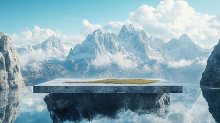 a small island in the middle of a lake with a ice mountain in the background