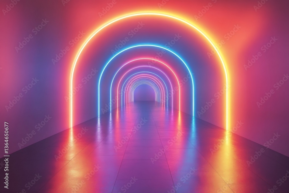 Aufkleber neon arches create a vibrant illuminated pathway in a modern art space during the evening