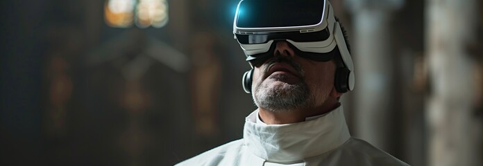 A man wearing virtual reality goggles explores a digital world, merging technology with imagination and innovation.