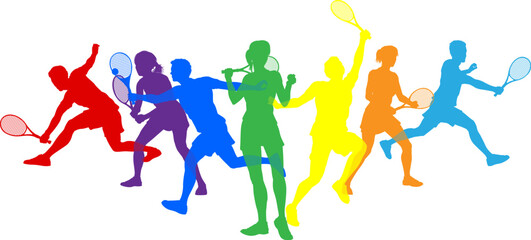Silhouette Tennis players set. Active sports people healthy players fitness silhouettes concept.