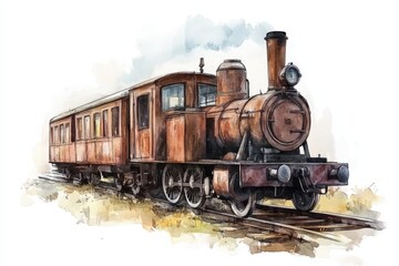 Obraz premium Vintage steam locomotive sits on railway tracks surrounded by green grass and cloudy sky in a tranquil setting