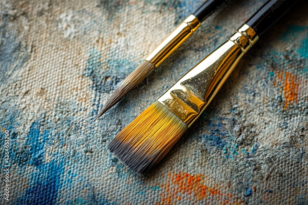 Aufkleber two artist brushes resting on a textured canvas showcasing vibrant colors and intricate patterns