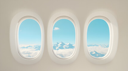 Inside an airplane cabin, three large oval windows frame a majestic landscape of towering snow-covered mountains beneath a brilliant blue sky. Wisps of white clouds float above the rugged peaks. The