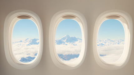 Fototapeta premium From inside the airplane, three oval windows perfectly frame a high-altitude vista of snow-covered mountain peaks piercing through soft clouds. The bright sunlight illuminates the rugged slopes,