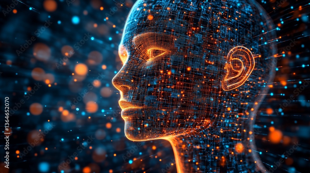 Poster human face made of digital data representing artificial intelligence, machine learning and neural ne