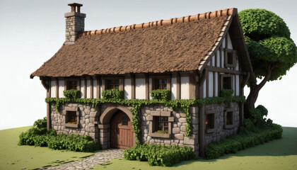 Pixel-perfect 8-bit medieval stone cottage with wooden roof, ivy-covered walls, and tiny window isolated