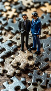 Two miniature figures discuss strategy over a scattered puzzle, exploring problem-solving at a flat surface setting