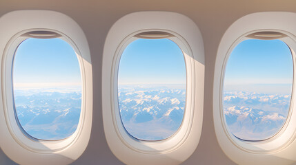 Fototapeta premium A high-resolution view from within an airplane cabin, showcasing three elegant oval windows through which a panoramic mountain range stretches far into the distance. The snow-capped peaks glisten