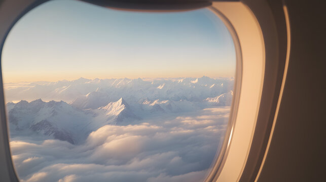 A mesmerizing aerial perspective from an airplane cabin, where three large oval windows display a breathtaking expanse of snow-capped mountains. The white peaks glisten under the midday sun,