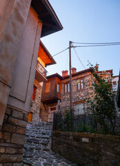 Streets and houses of traditional architecture in the mountain tourist village of Metsovo in the mountains of Epirus in Greece