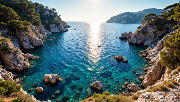Mediterranean rocky coast with crystal clear water for travel blogs and tourism websites