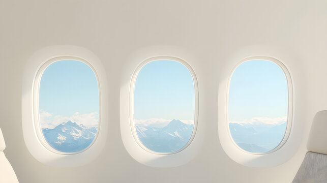 A sleek airplane cabin interior bathed in soft natural light, focusing on three oval windows revealing a breathtaking view of snow-capped mountains. The crisp blue sky contrasts with the fluffy white