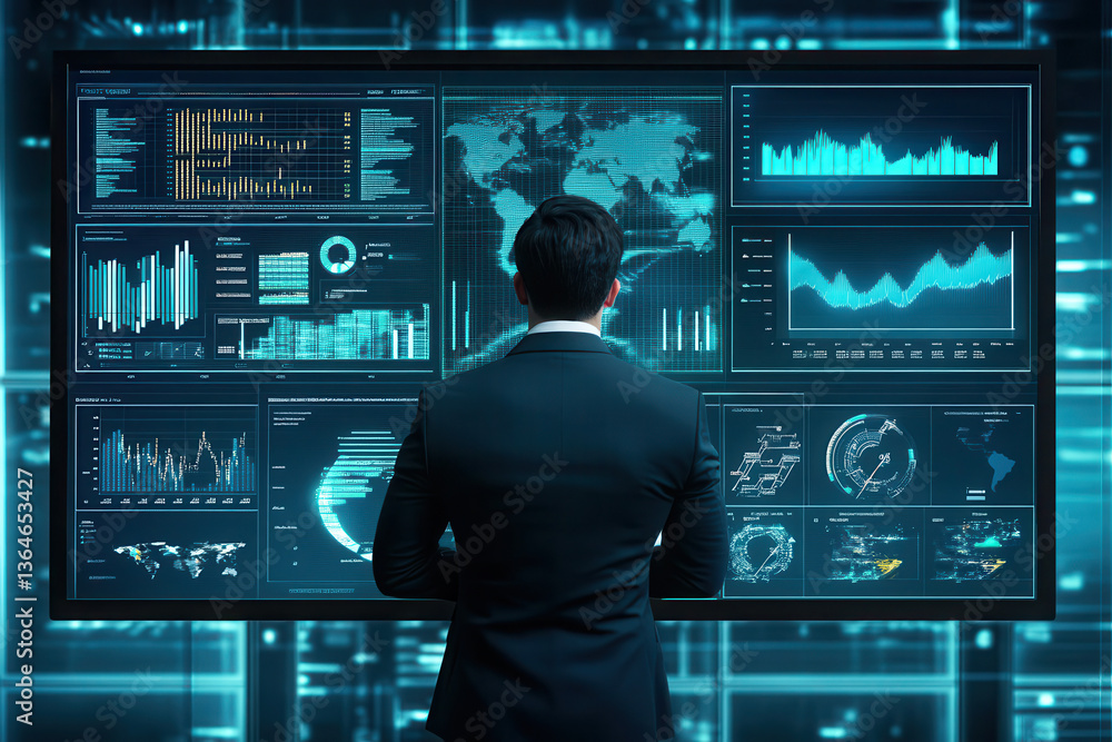 Poster data analyst reviewing complex financial charts and global network connections on a large screen