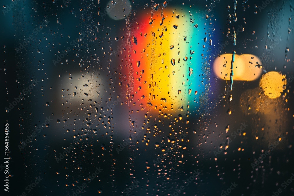 Aufkleber raindrops on window glass with colorful lights reflecting in the background during a rainy evening