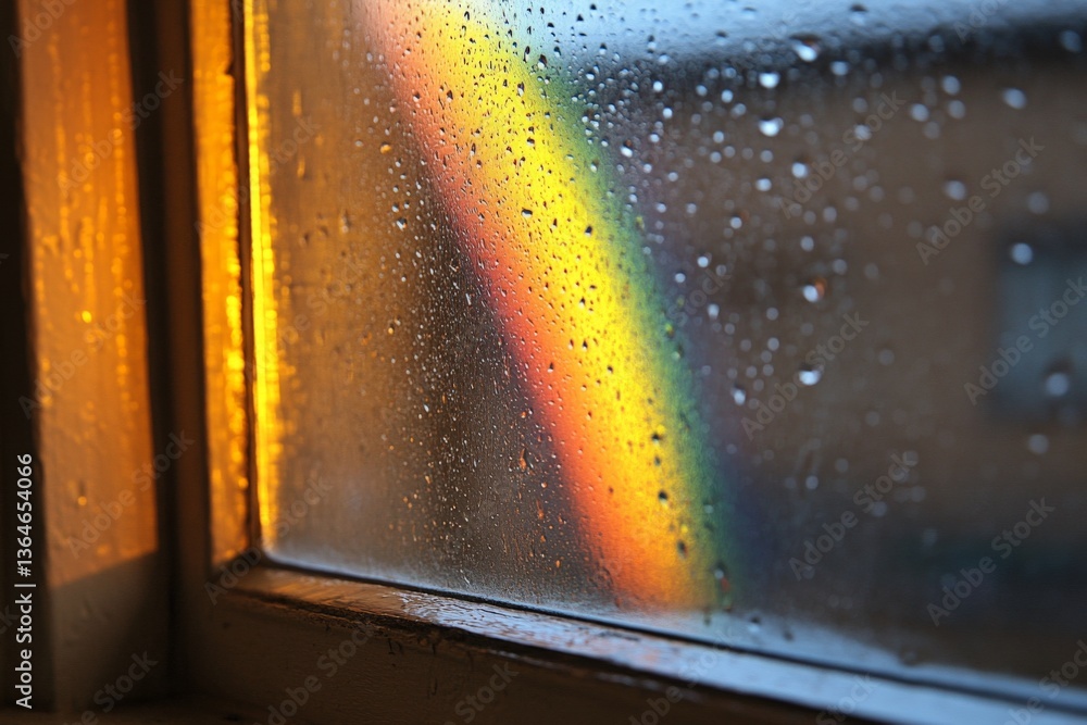 Aufkleber raindrops on window with a vibrant rainbow shining through at dusk