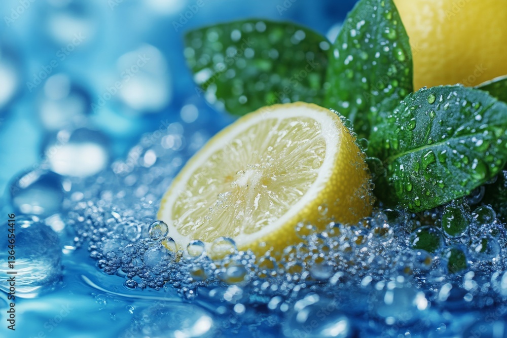 Poster fresh lemon slice and mint leaves immersed in sparkling water with bubbles and blue background