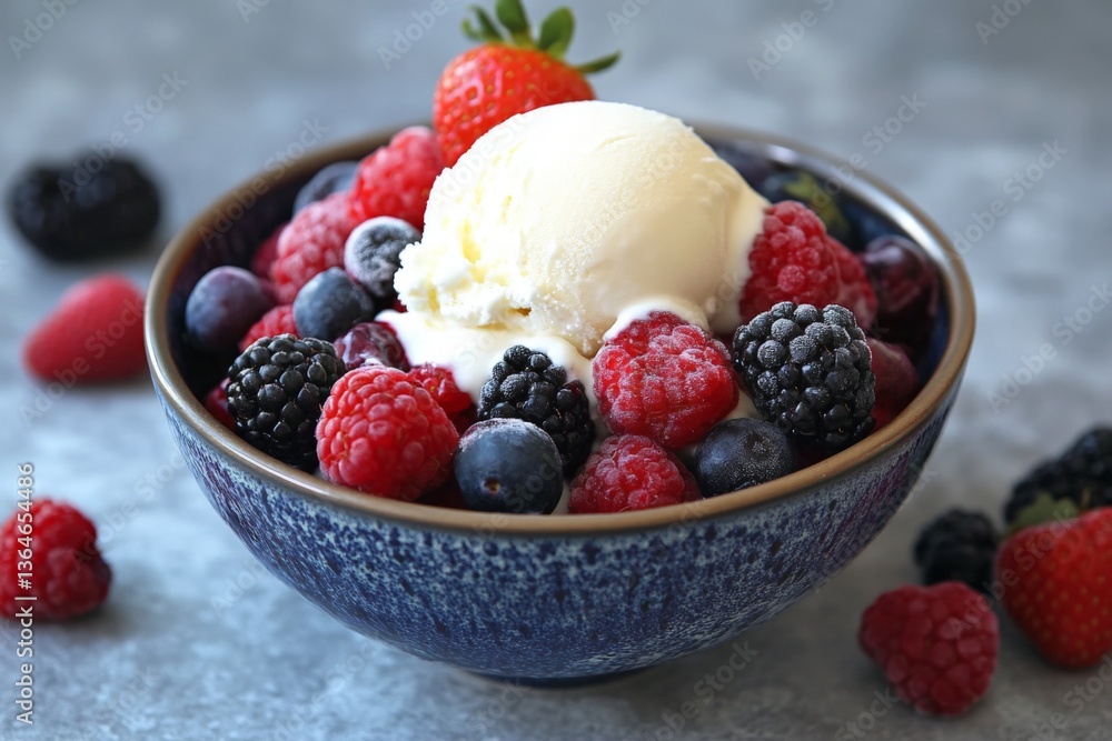 Aufkleber fresh mixed berries with creamy vanilla ice cream served in a blue bowl on a textured background