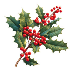 Decorative holly branch winter wonderland botanical illustration nature close-up