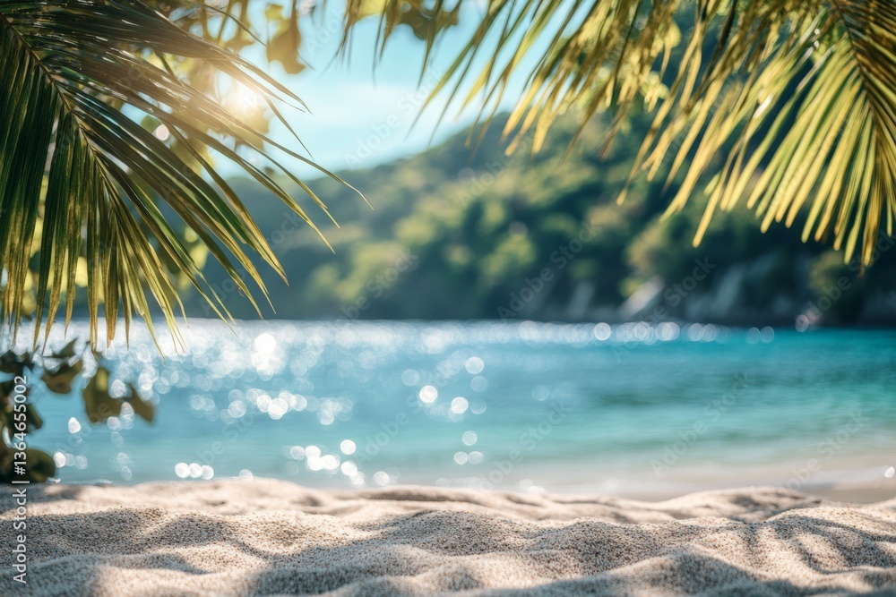 Poster Enjoying a serene beach view with sparkling water and lush greenery in a tropical paradise setting during the afternoon